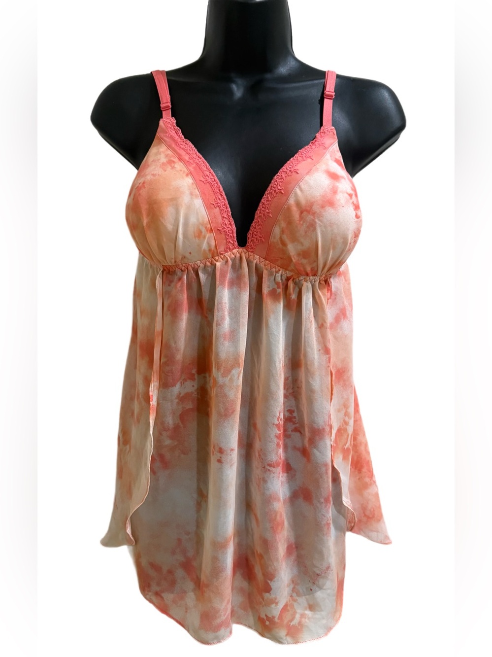 Coral Tie-Dye Lace Trim Babydoll Chemise & Thong ⭐️NWT⭐️